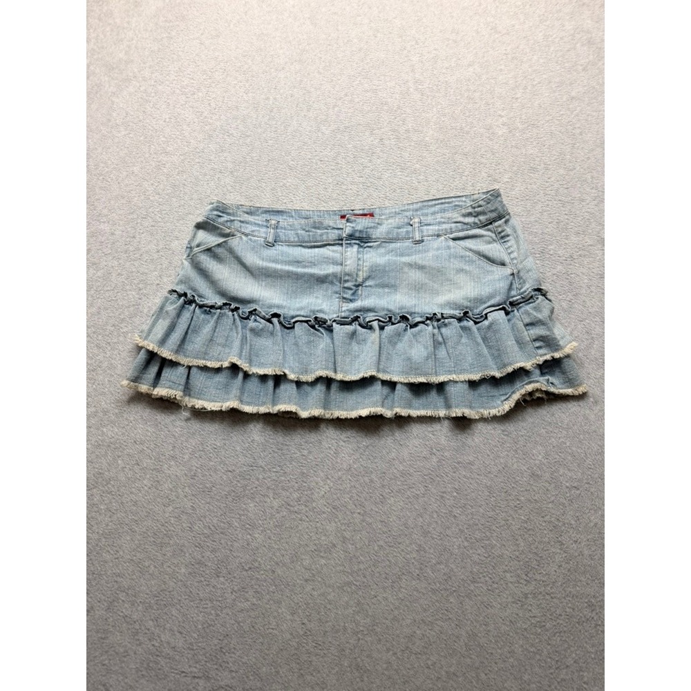 Be Bop Y2K Ruffle Denim Mini Skirt Light Wash Frayed Hem Low Rise Size 11